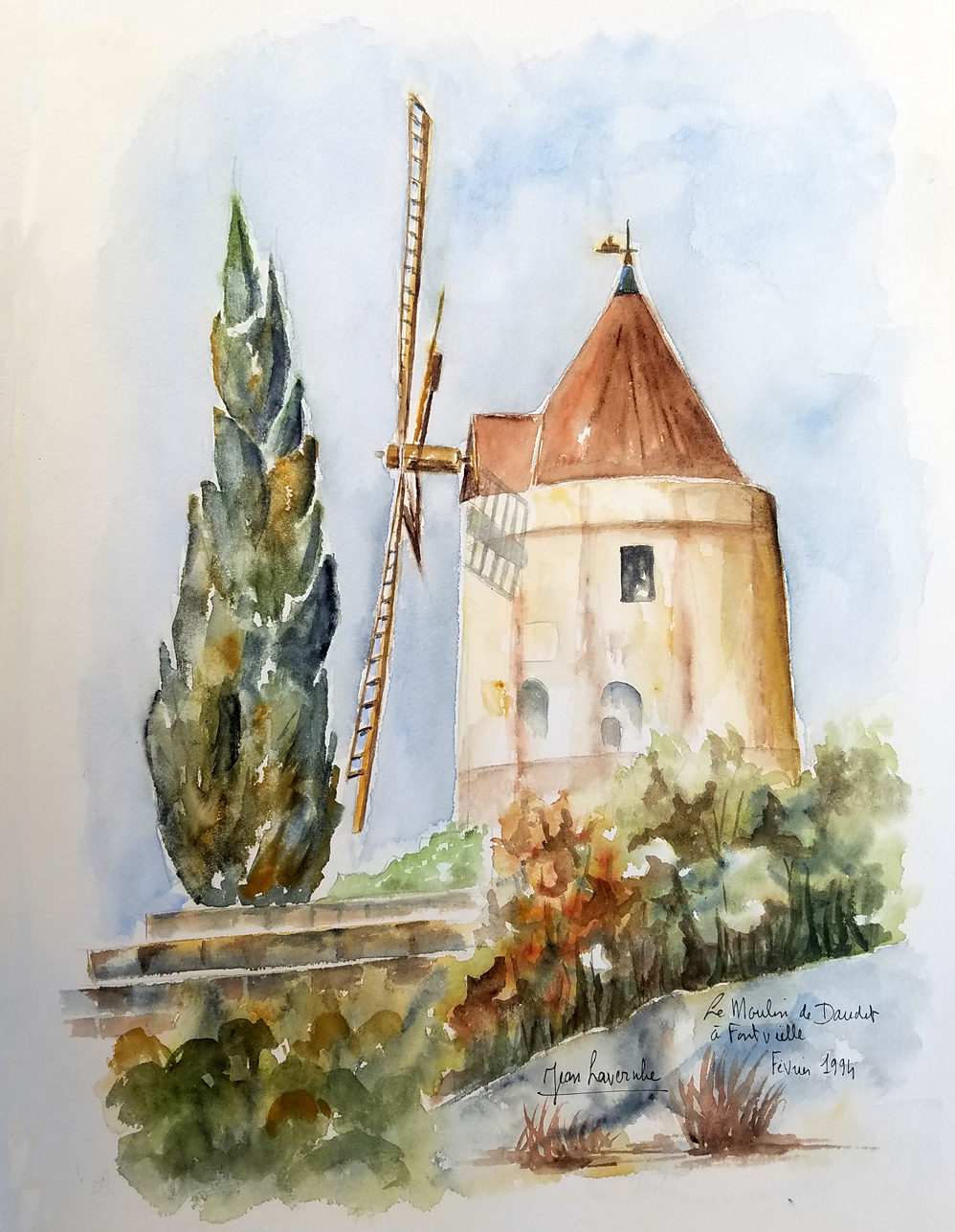 Le moulin de Daudet à Fontvieille - Aquarelle de J. Lavernhe Le moulin de Daudet à Fontvieille