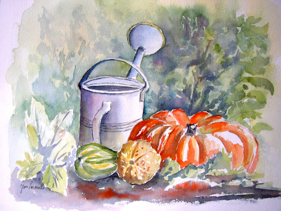 Les potirons du jardin et l'arrosoir - Aquarelle de Jean LAVERNHE Les potirons du jardin et l'arrosoir