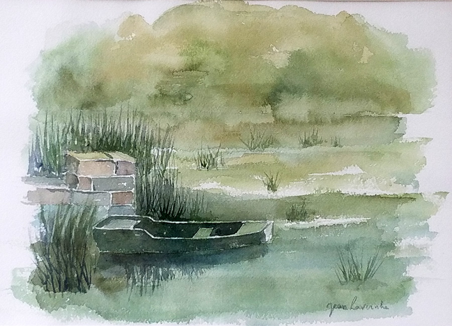 Vieille barque et marais silencieux - Aquarelle de Jean LAVERNHE Barque et marais silencieux
