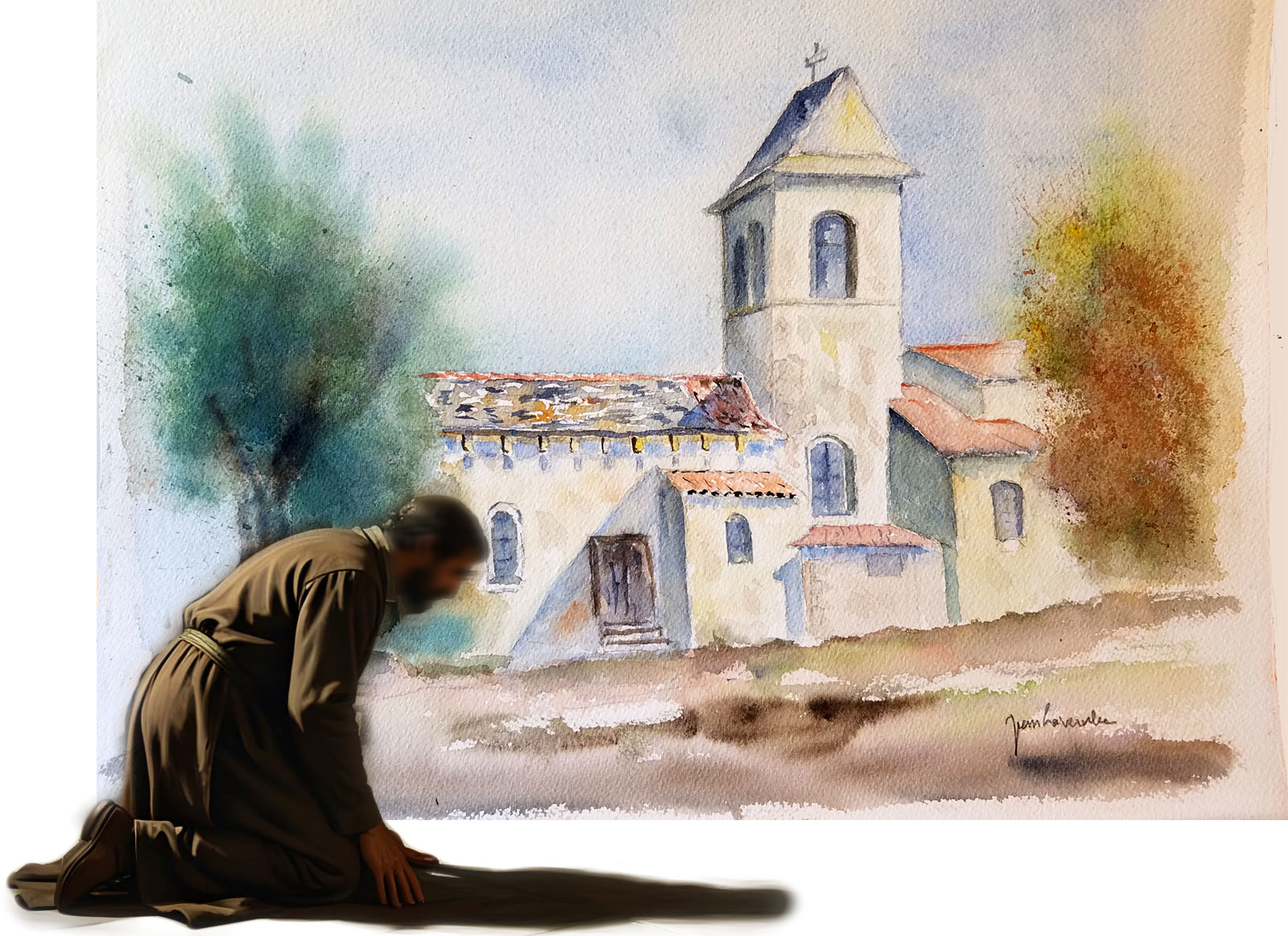 Génuflexion - Aquarelle de J. Lavernhe