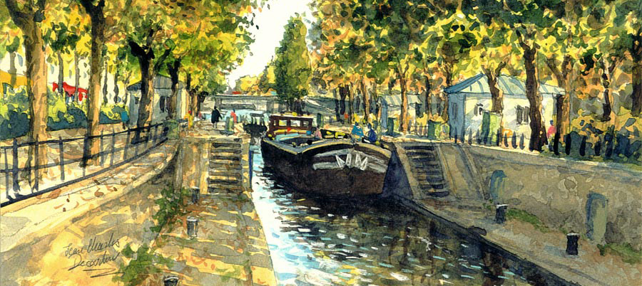 Le canal Saint Martin à Paris - Aquarelle de J-C. Decoudun