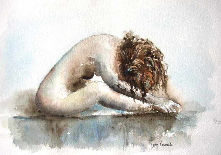 Femme nue au réveil - Aquarelle de J. Lavernhe
