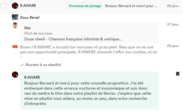 Avis du curateur (Groover) B-AWARE sur la chanson Doux réveil (J'ai été embarqué et suis donc ravi de mettre le titre dans notre playlist)