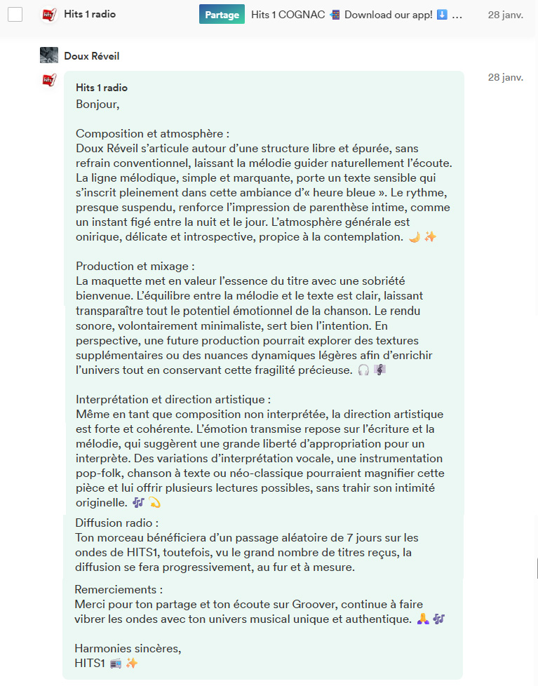 Avis du curateur Hits 1 Radio (Groover)sur la chanson Doux Réveil