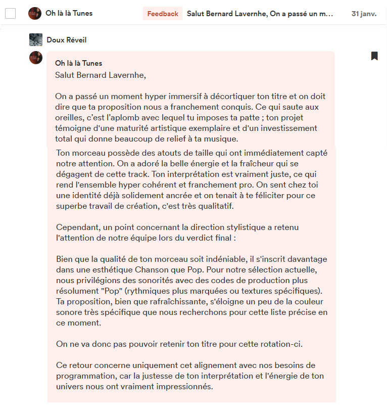 Avis du curateur Hits 1 Radio (Groover)sur la chanson Doux Réveil