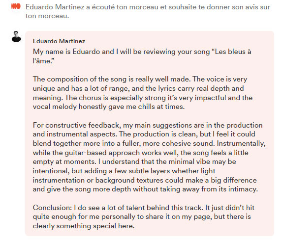 Avis de curateur Groover sur la chanson n°1 (Critique constructive)