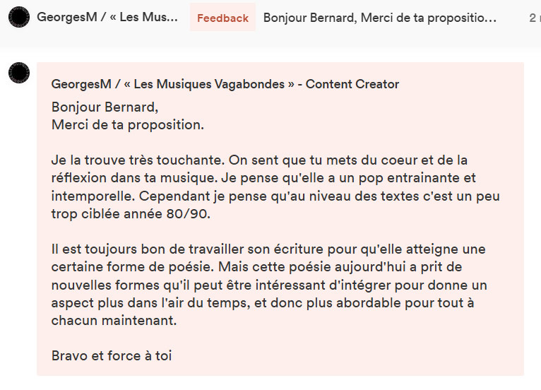 Avis du curateur Musiques Vagabondes (Groover) sur la chanson 'Nuit et silence' (Je la trouve très touchante)