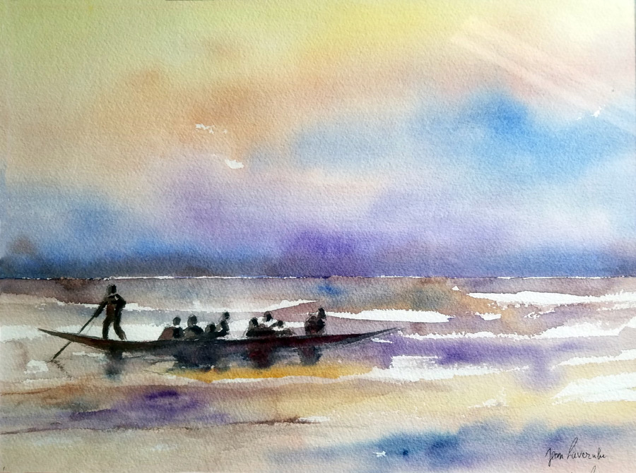 Descente en pirogue Descente en pirogue- Aquarelle de J. Lavernhe