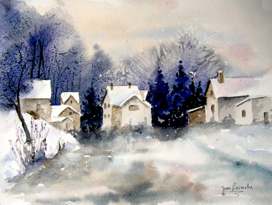 Le village sous la neige - Aquarelle de Jean Lavernhe