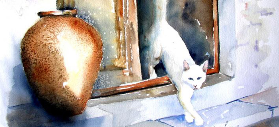 Le chat blanc - Aquarelle de Jean Lavernhe