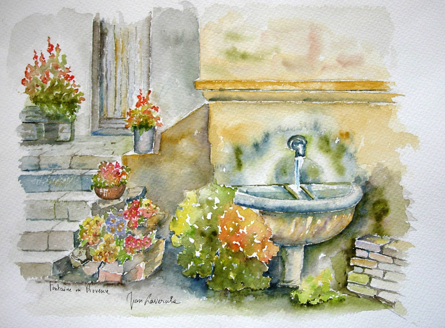 La fontaine provençale - Aquarelle de J. Lavernhe