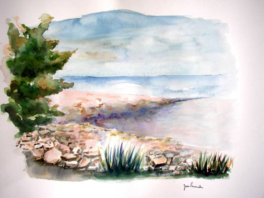 La digue et l'océan - Aquarelle de J. Lavernhe