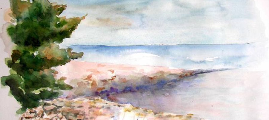 Digue sur l'océan - Aquarelle de J. LAVERNHE