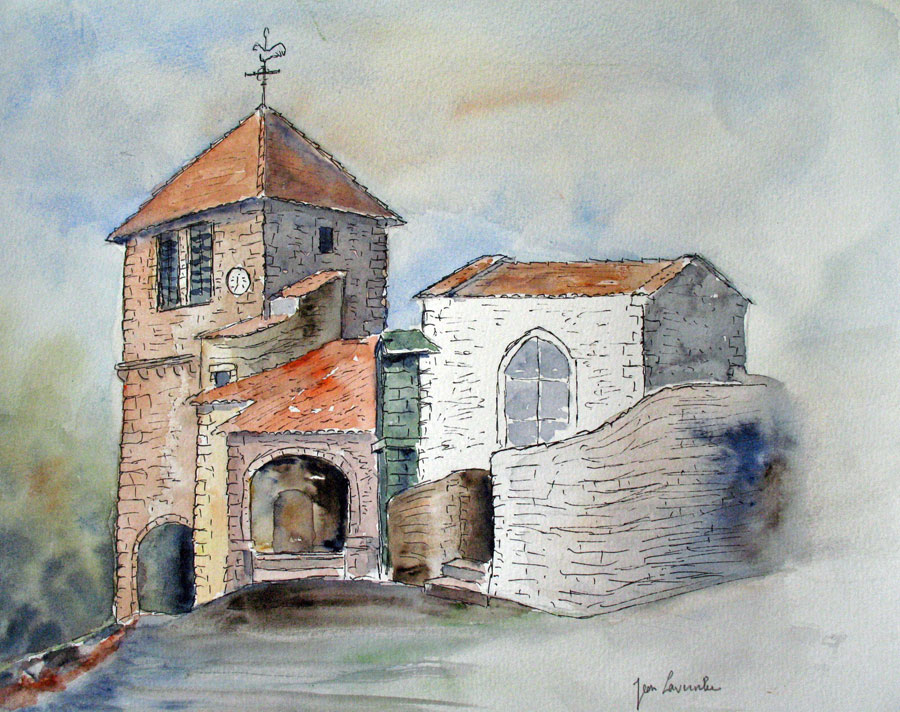 L'église Saint Maurice à Usson - Aquarelle de J. Lavernhe